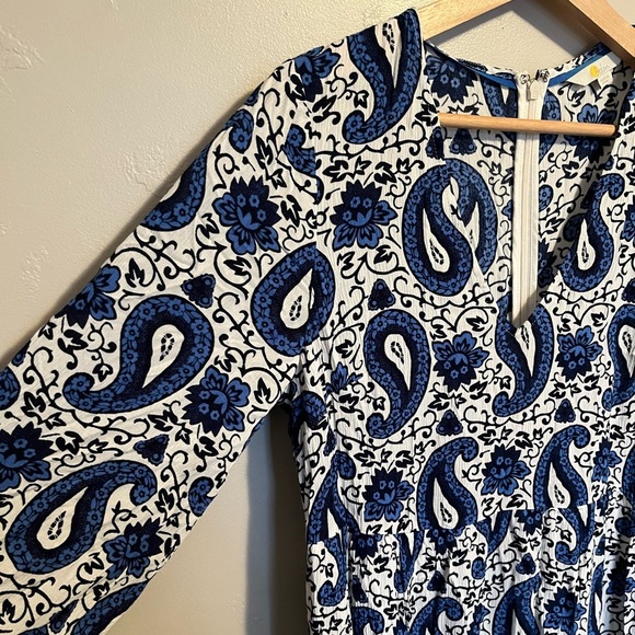 Boden Blue & White Blouson Sleeve Paisley Patterned Midi Dress Zip Back Size 10P - Picture 7 of 17